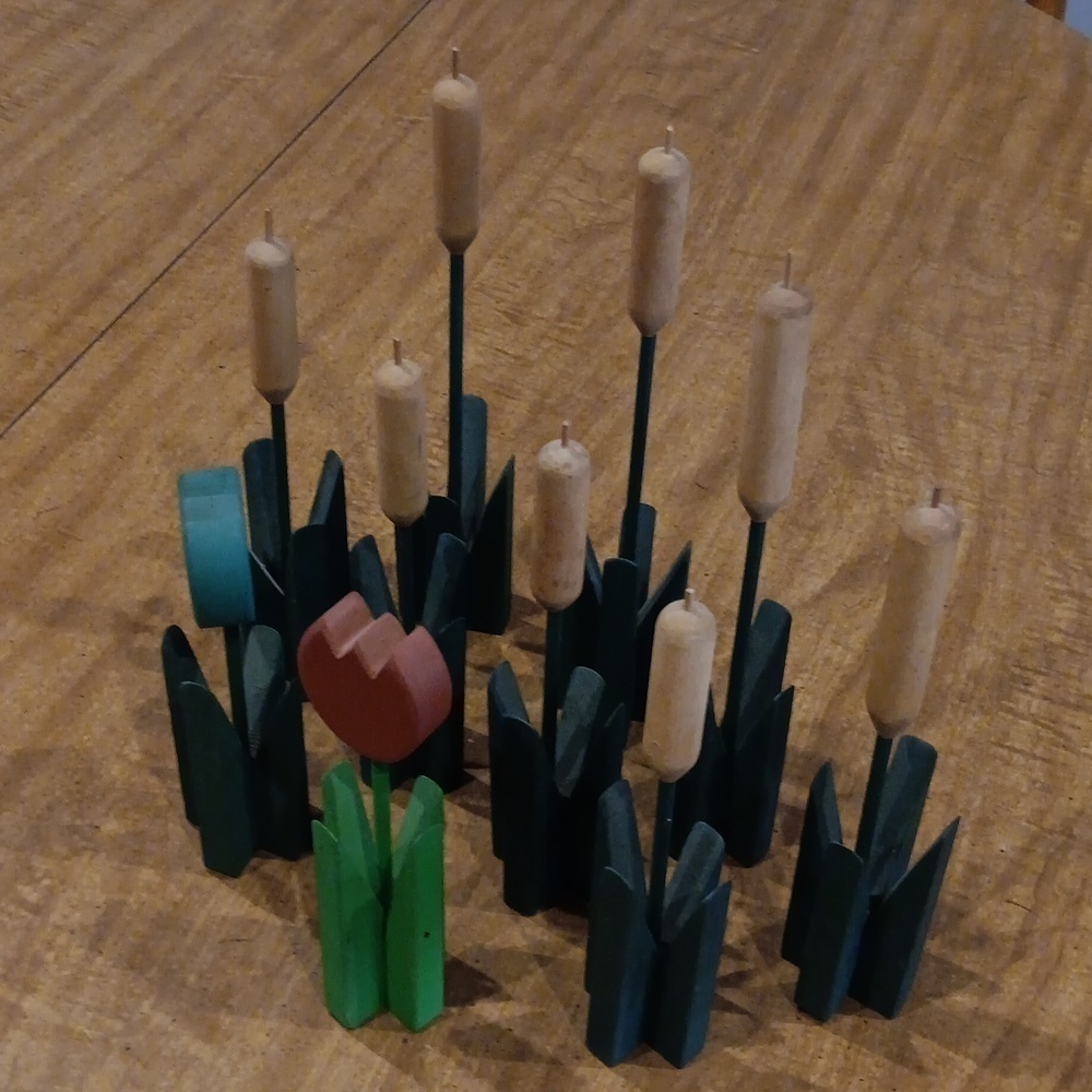 Wooden cattails and tulips